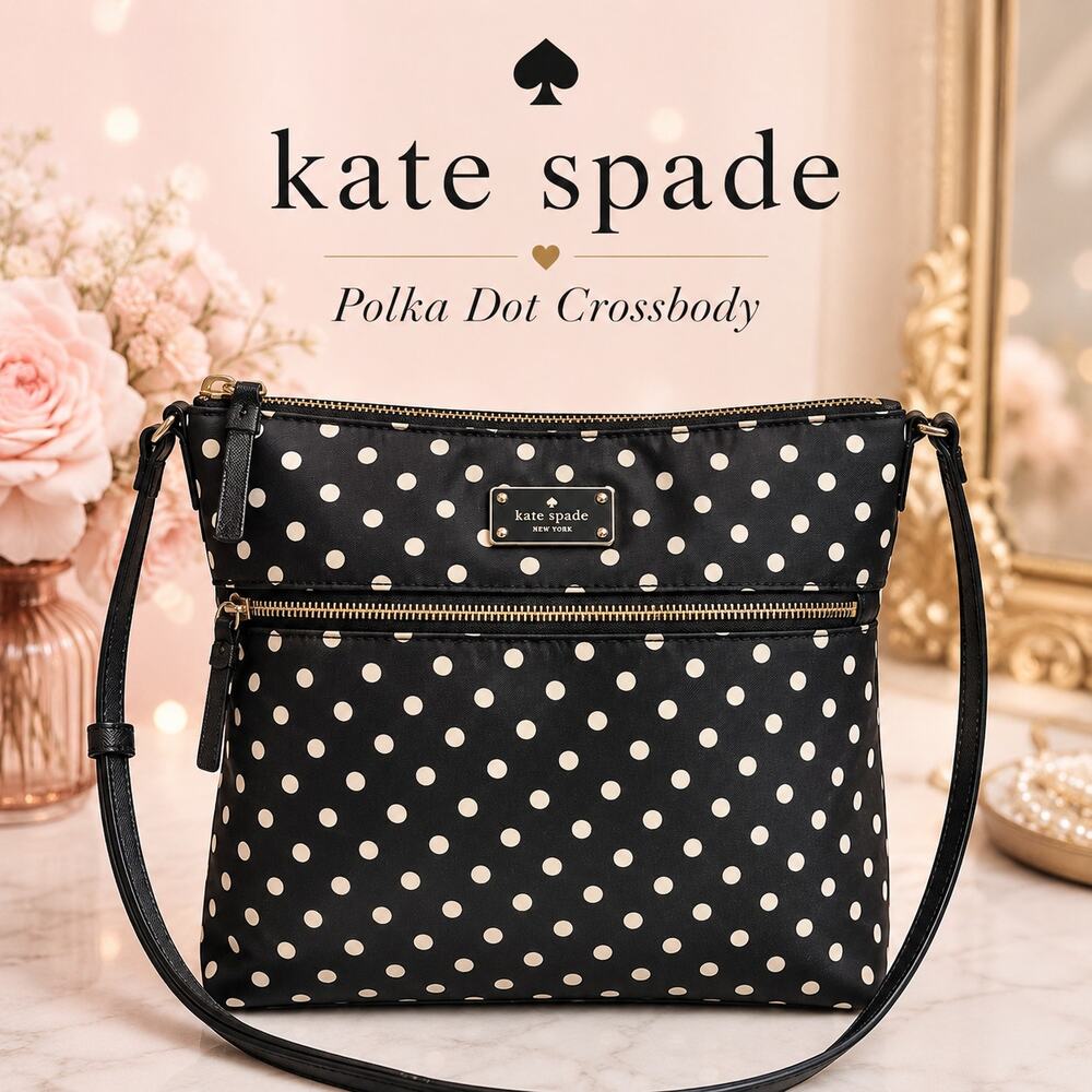 Kate Spade Polka Dot Nylon Crossbody Bag Black White Gold Tone